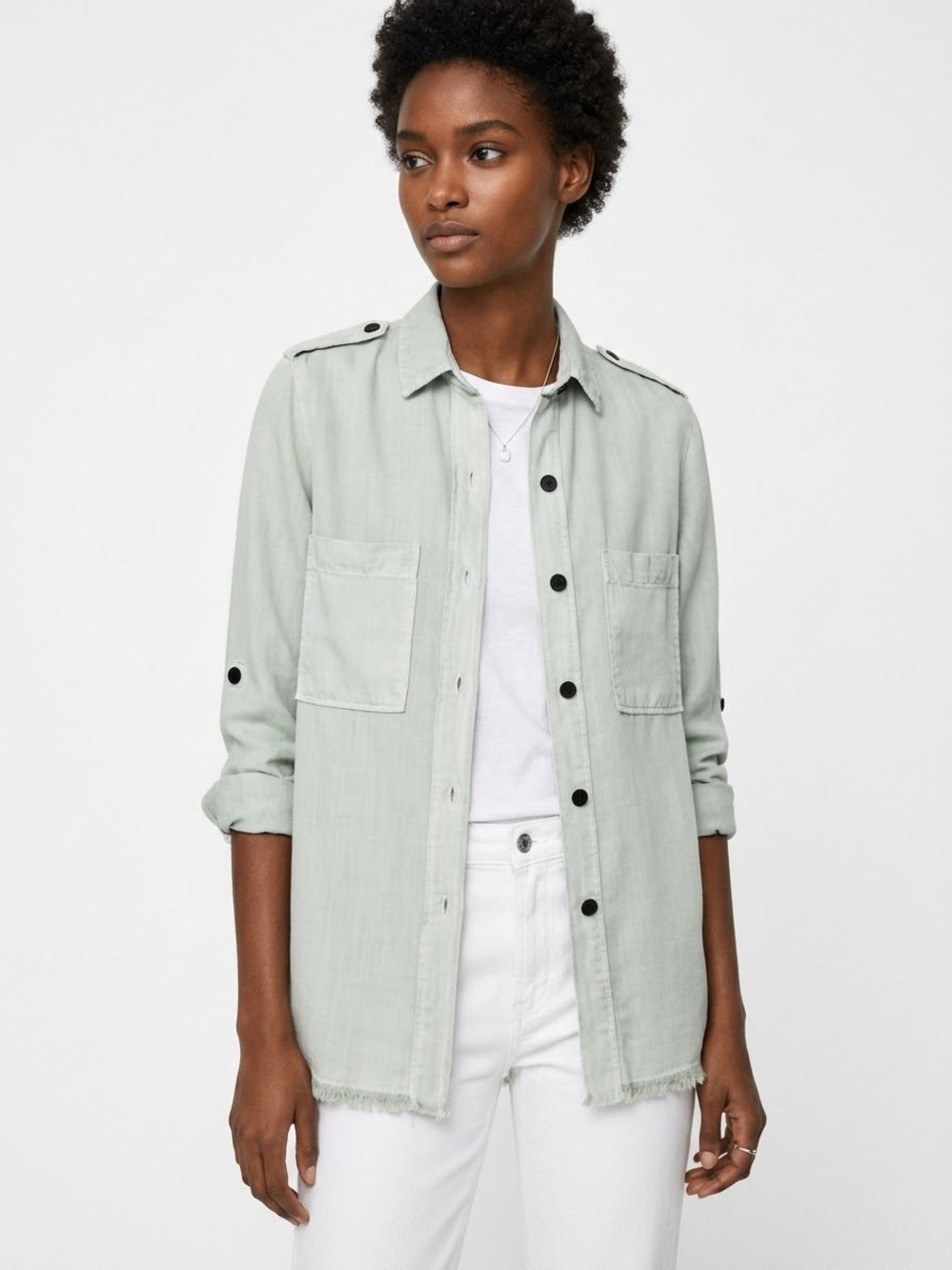 Zara Woman Lyocell Utility Shirt Jacket – Light Sage, Size Small